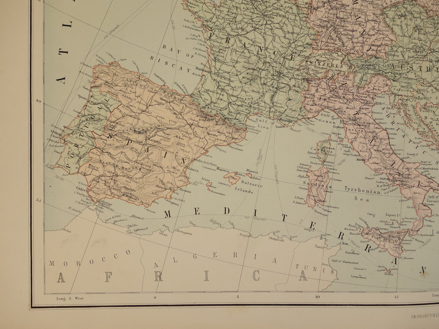EUROPA Grote oude landkaart van Europa uit 1890 originele antieke Engelse kaart continent