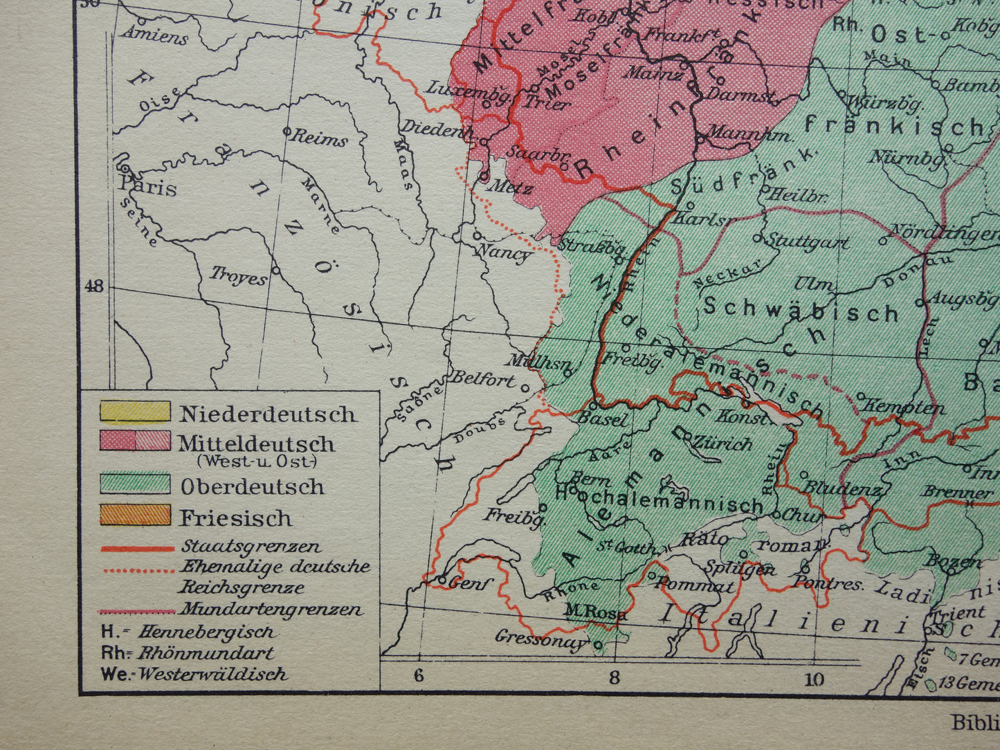 DUITSLAND oude taalkundige kaart van Duitse dialecten - kleine originele vintage landkkaart uit 1928 van het Duitse rijk dialect - taalkaart Hoogduits Nederduits