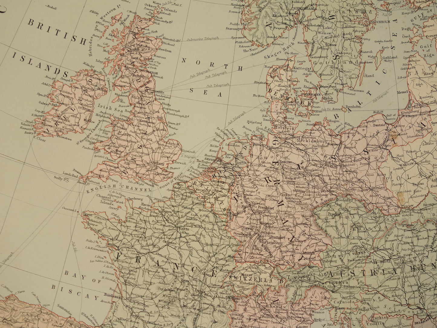 EUROPA Grote oude landkaart van Europa uit 1890 originele antieke Engelse kaart continent
