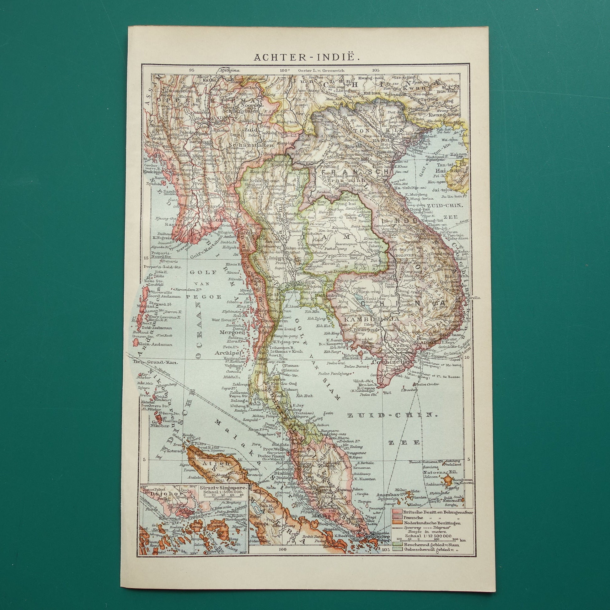 Oude kaart van zuidoost Azië uit 1910 originele antieke Nederlandse landkaart Thailand Vietnam Cambodja Maleisië