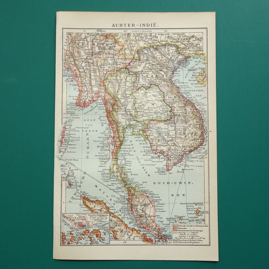 Oude kaart van zuidoost Azië uit 1910 originele antieke Nederlandse landkaart Thailand Vietnam Cambodja Maleisië