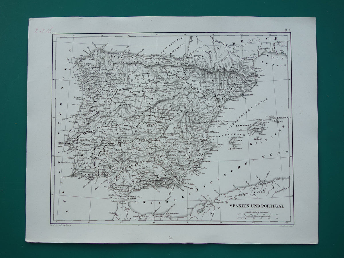 Antieke kaart van Spanje Portugal 175+ jaar oude landkaart uit 1849 gedetailleerde zwart wit kaart