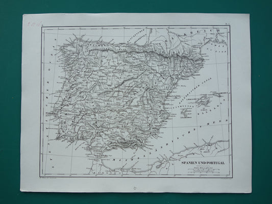 Antieke kaart van Spanje Portugal 175+ jaar oude landkaart uit 1849 gedetailleerde zwart wit kaart