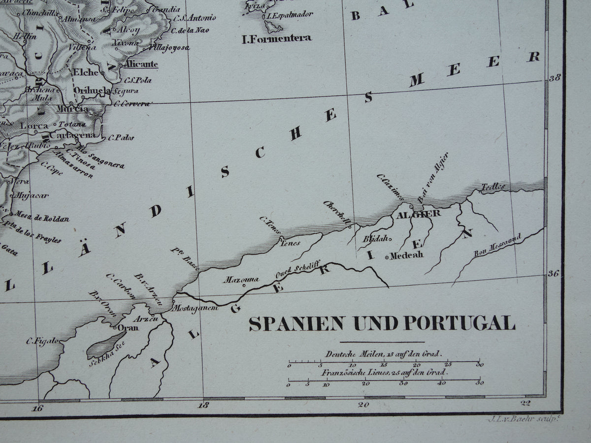 Antieke kaart van Spanje Portugal 175+ jaar oude landkaart uit 1849 gedetailleerde zwart wit kaart