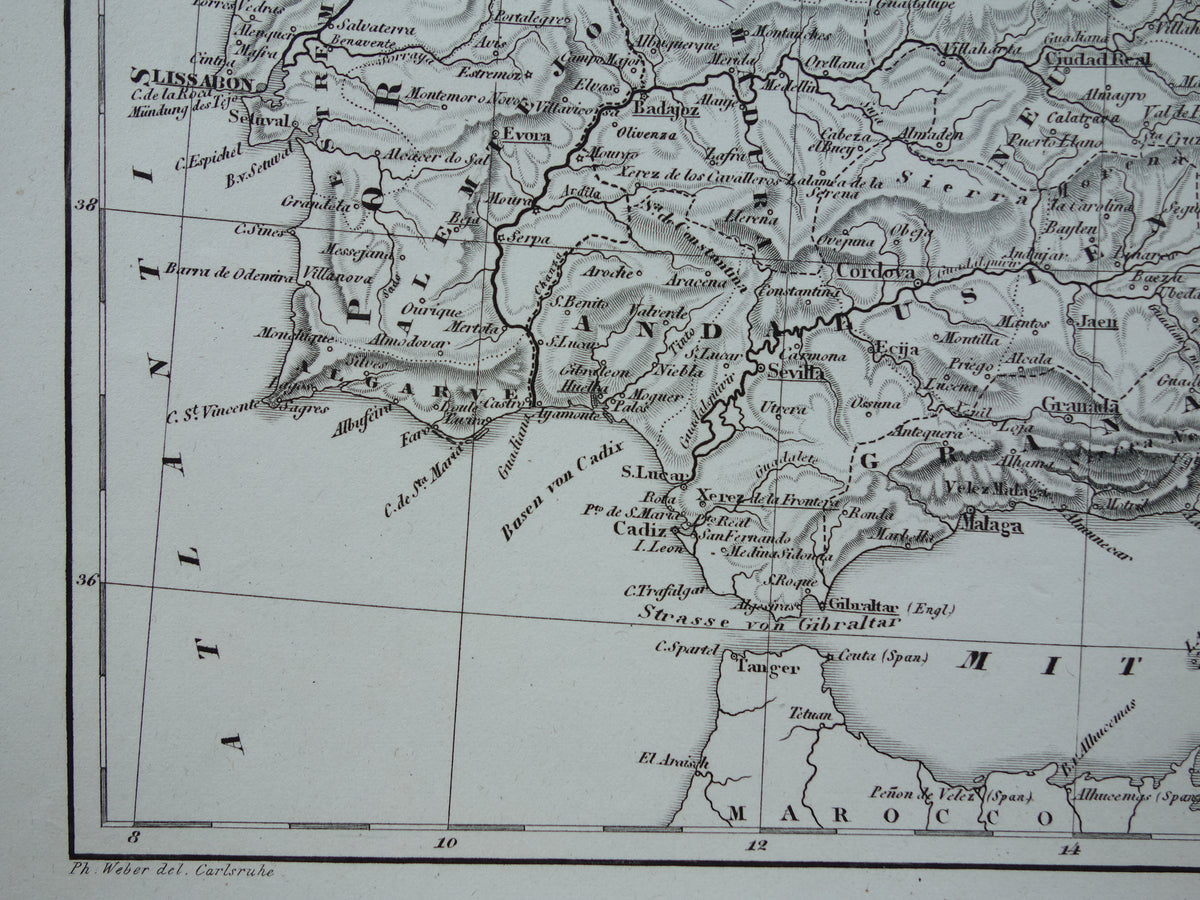 Antieke kaart van Spanje Portugal 175+ jaar oude landkaart uit 1849 gedetailleerde zwart wit kaart
