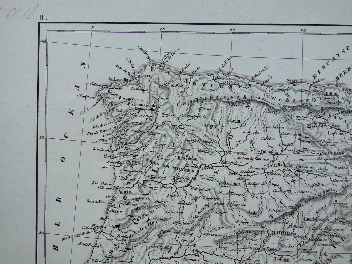 Antieke kaart van Spanje Portugal 175+ jaar oude landkaart uit 1849 gedetailleerde zwart wit kaart