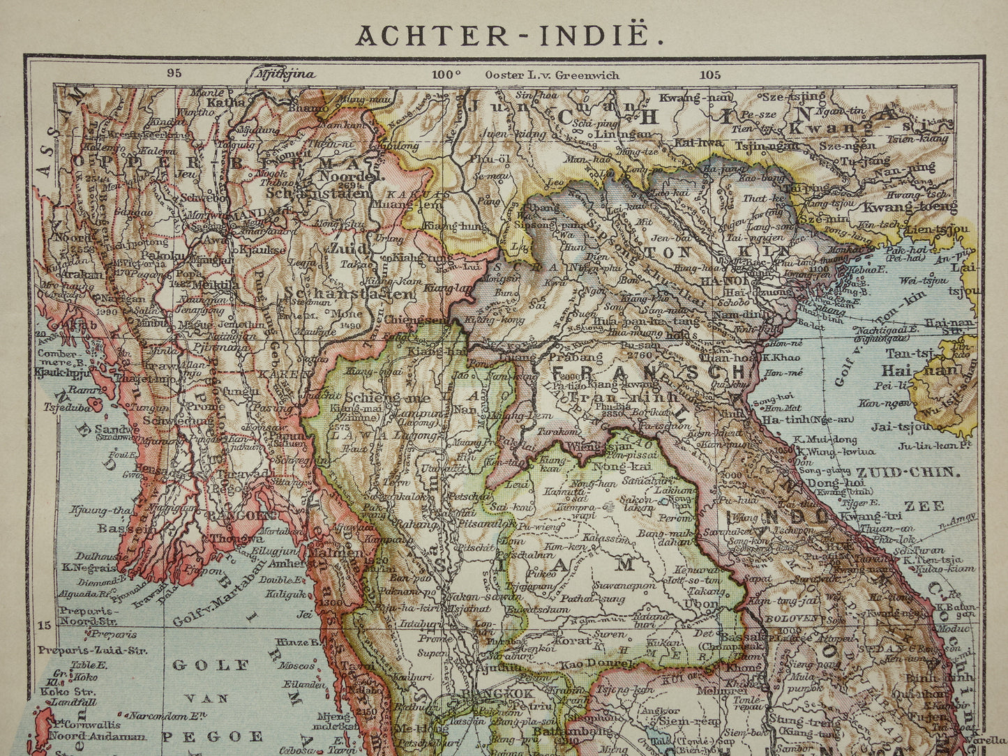 Alte Karte Südostasiens von 1910, originale antike niederländische Karte von Thailand, Vietnam, Kambodscha und Malaysia