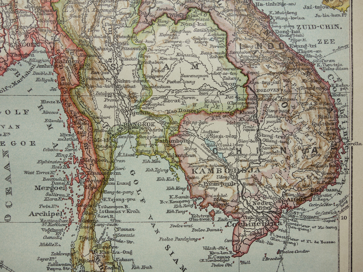 Alte Karte Südostasiens von 1910, originale antike niederländische Karte von Thailand, Vietnam, Kambodscha und Malaysia