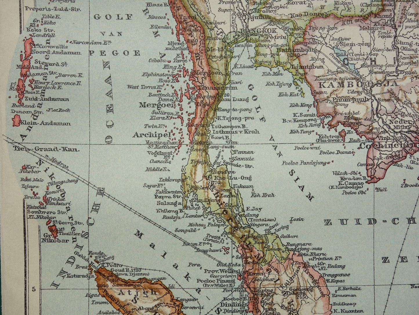 Alte Karte Südostasiens von 1910, originale antike niederländische Karte von Thailand, Vietnam, Kambodscha und Malaysia