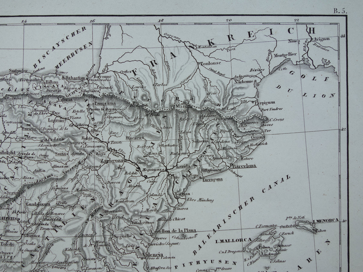 Antieke kaart van Spanje Portugal 175+ jaar oude landkaart uit 1849 gedetailleerde zwart wit kaart
