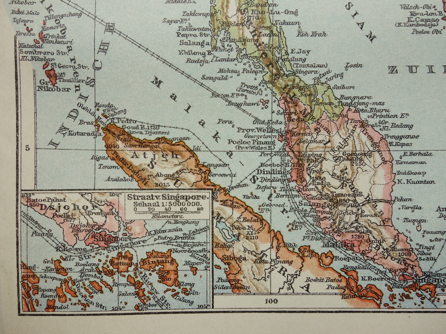 Alte Karte Südostasiens von 1910, originale antike niederländische Karte von Thailand, Vietnam, Kambodscha und Malaysia