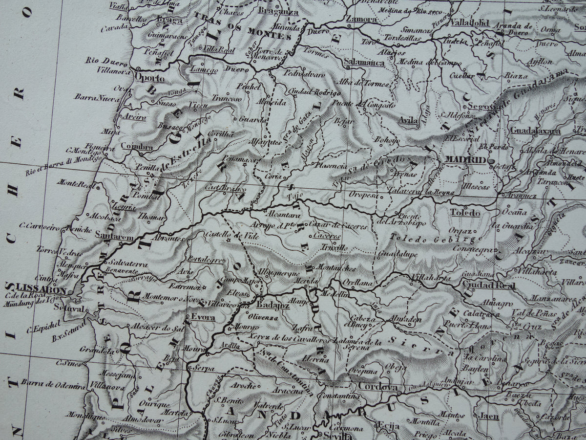 Antieke kaart van Spanje Portugal 175+ jaar oude landkaart uit 1849 gedetailleerde zwart wit kaart