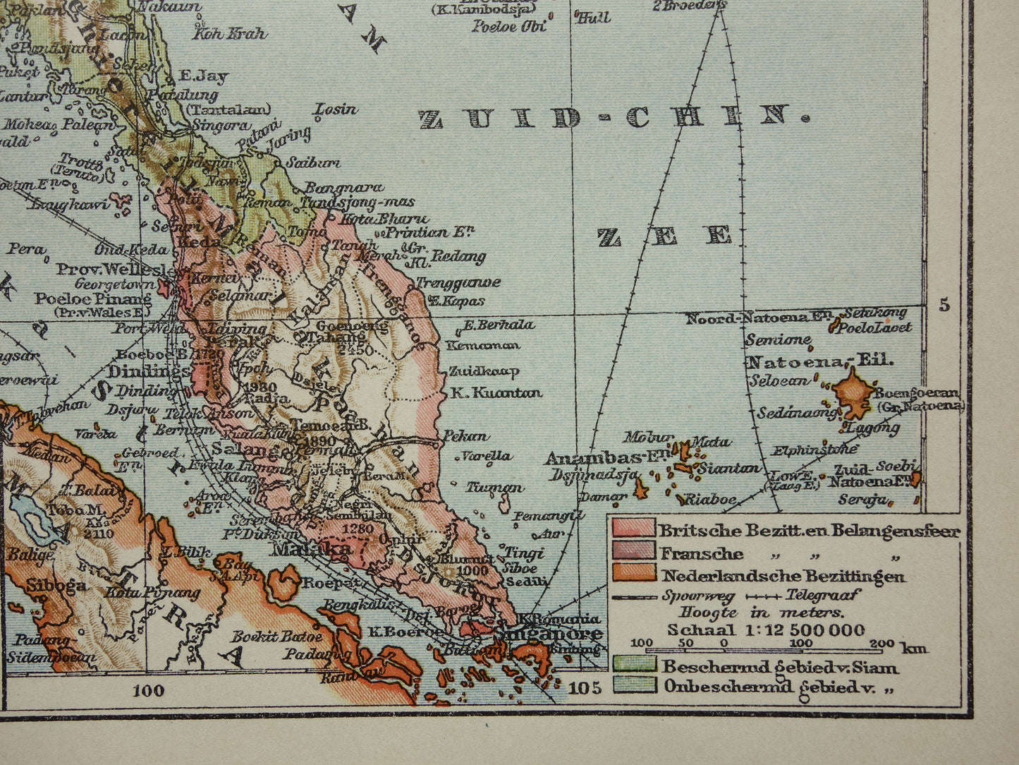 Alte Karte Südostasiens von 1910, originale antike niederländische Karte von Thailand, Vietnam, Kambodscha und Malaysia