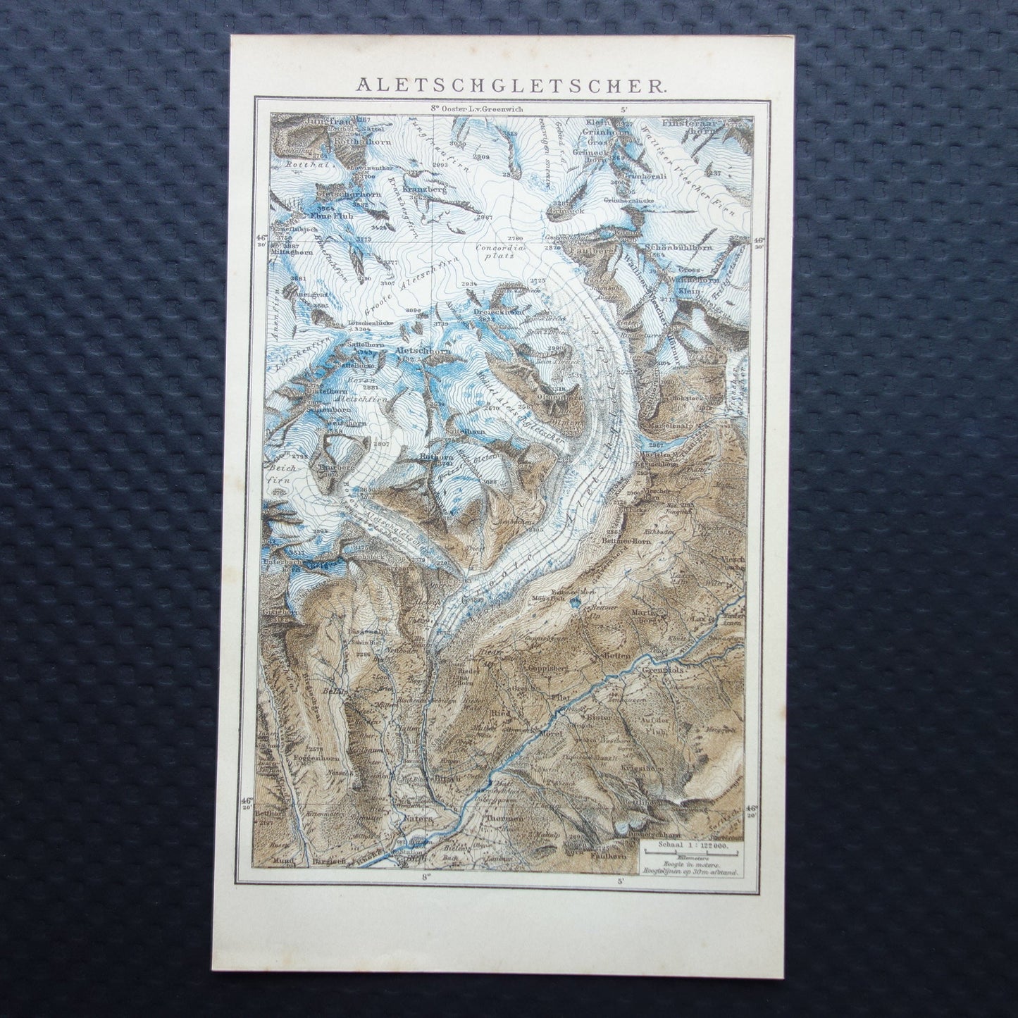 Oude kaart van de Aletschgletsjer uit 1908 originele vintage landkaart Aletschgebied Zwitserland