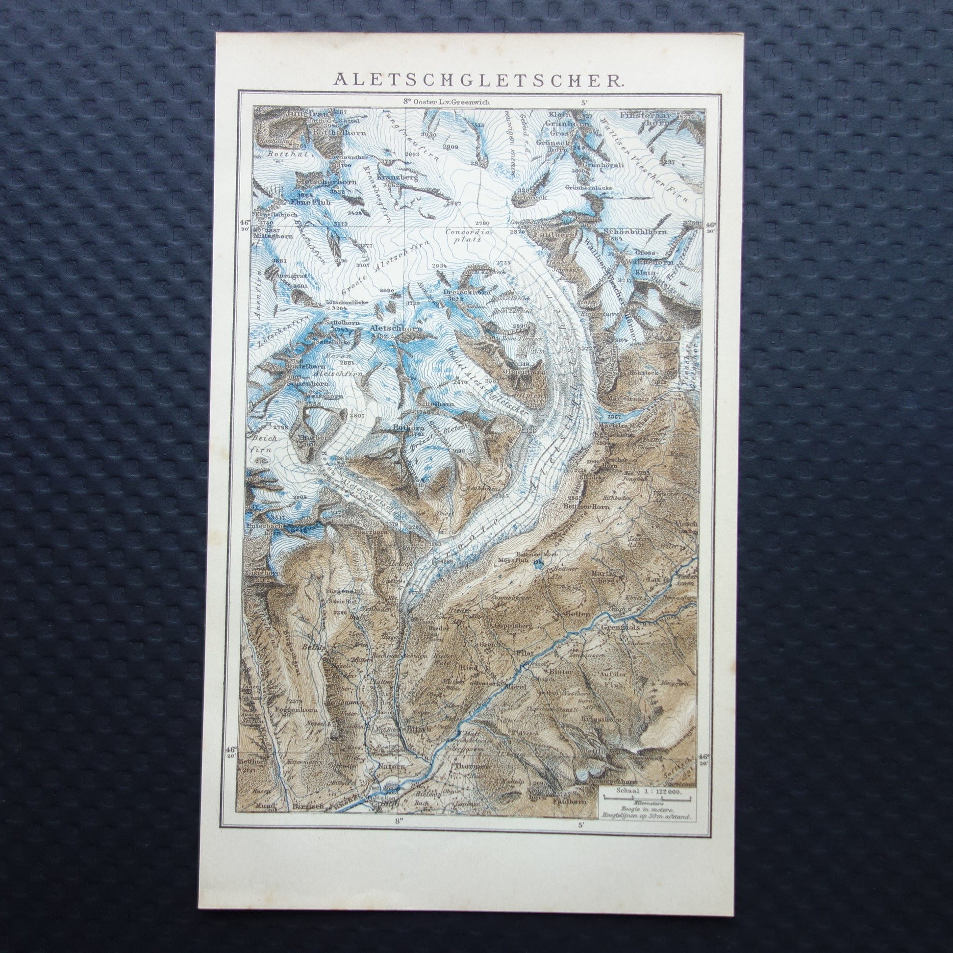 Oude kaart van de Aletschgletsjer uit 1908 originele vintage landkaart Aletschgebied Zwitserland