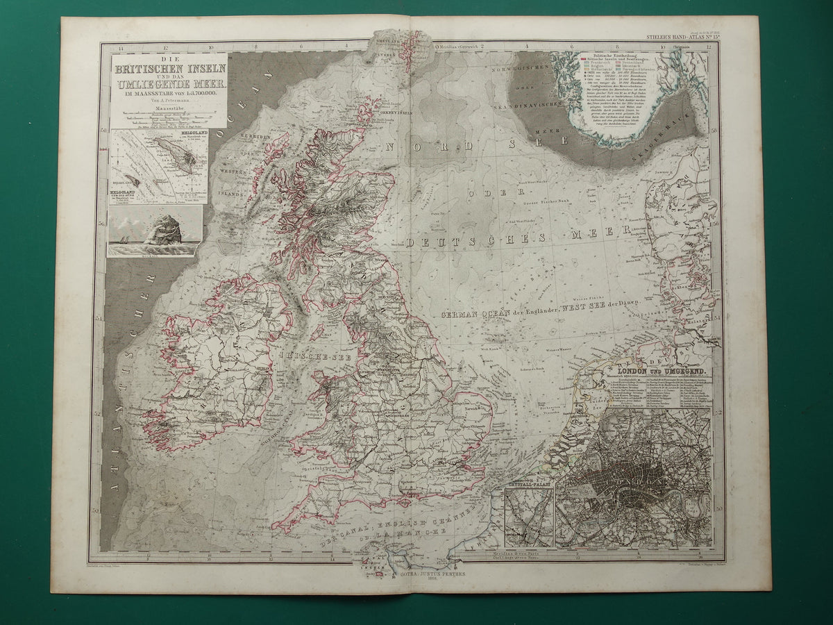 NOORDZEE en Groot-Brittanië 1868 originele oude landkaart / zeekaart Engeland Duitse Zee antieke kaart met jaartal