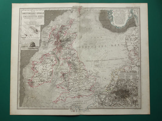 NOORDZEE en Groot-Brittanië 1868 originele oude landkaart / zeekaart Engeland Duitse Zee antieke kaart met jaartal