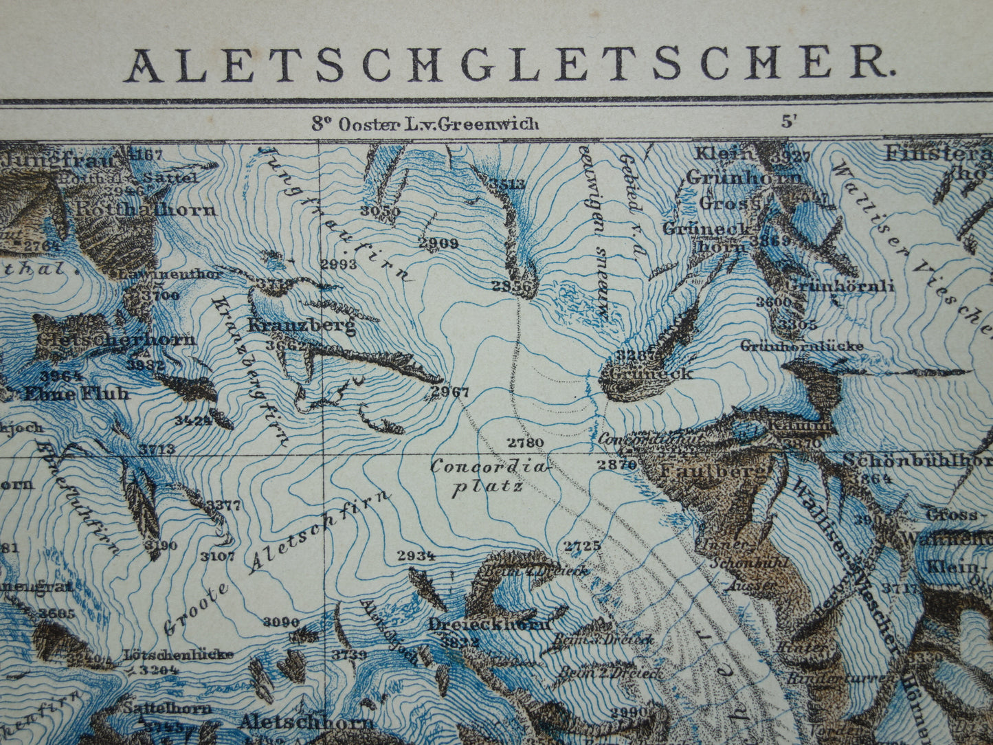 Oude kaart van de Aletschgletsjer uit 1908 originele vintage landkaart Aletschgebied Zwitserland