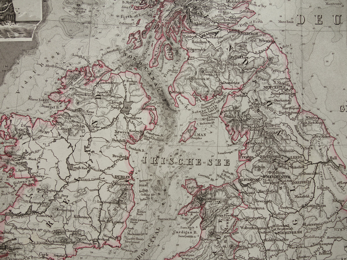 NOORDZEE en Groot-Brittanië 1868 originele oude landkaart / zeekaart Engeland Duitse Zee antieke kaart met jaartal