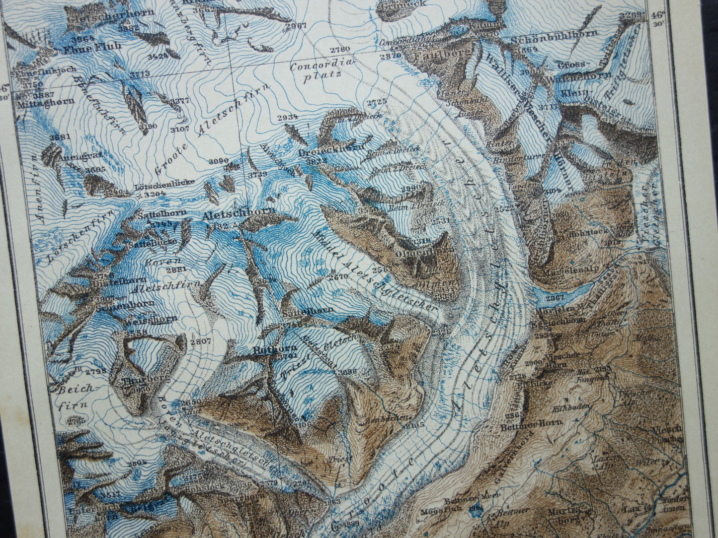 Oude kaart van de Aletschgletsjer uit 1908 originele vintage landkaart Aletschgebied Zwitserland