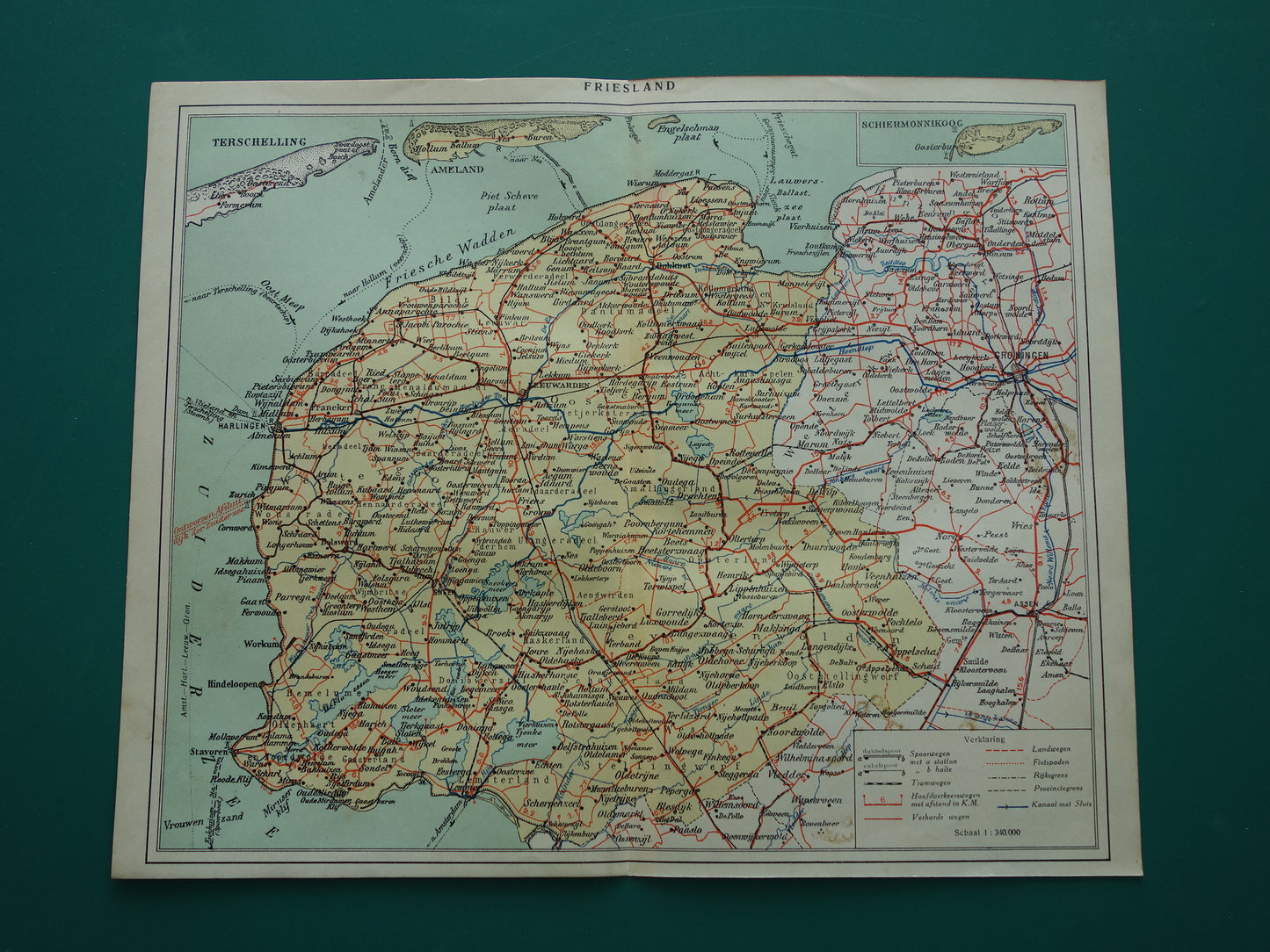 FRIESLAND Oude landkaart van de provincie Friesland uit 1928 originele vintage historische kaart