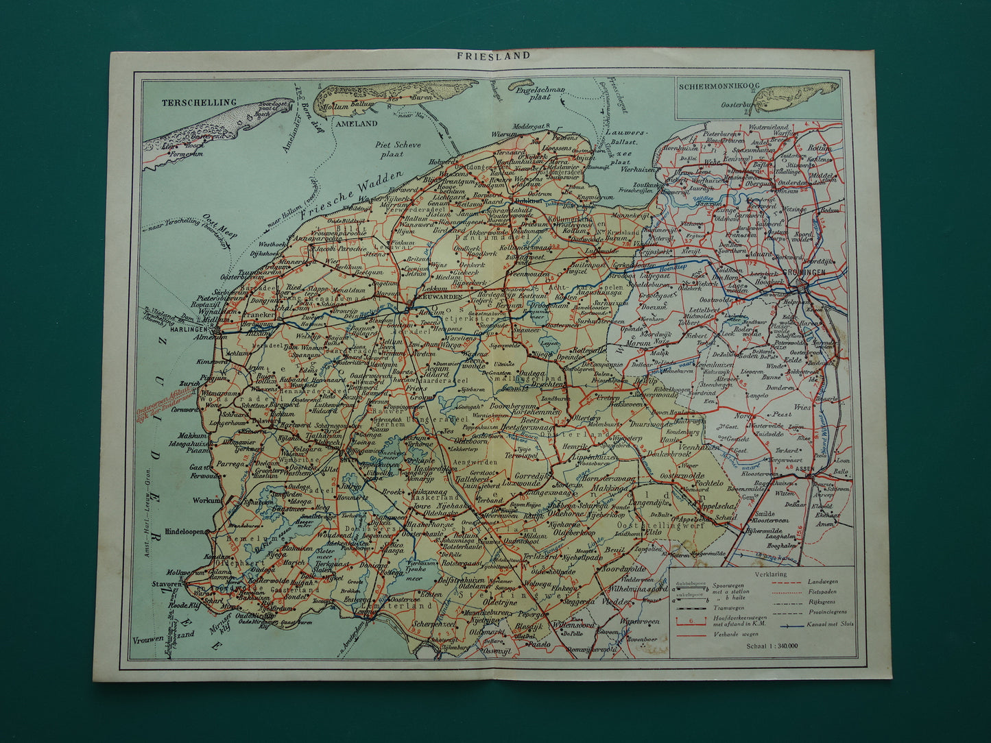 FRIESLAND Oude landkaart van de provincie Friesland uit 1928 originele vintage historische kaart