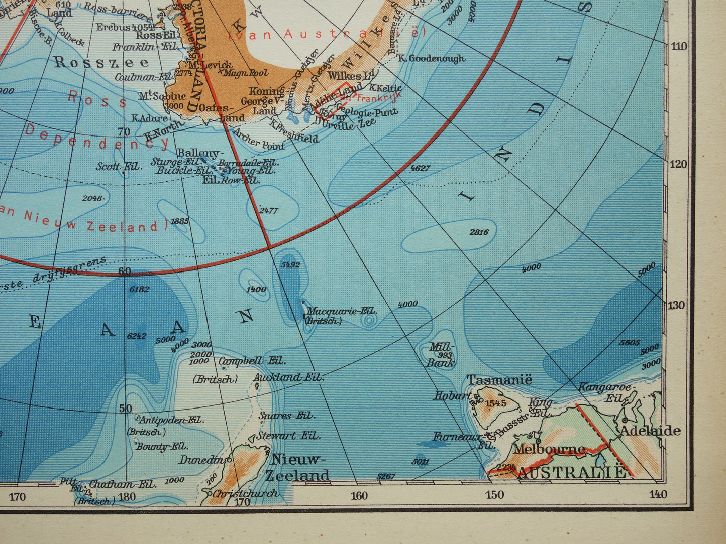 ZUIDPOOL oude kaart van het Zuidpoolgebied 1938 originele vintage Nederlandse landkaart van antarctica met territoriale claims