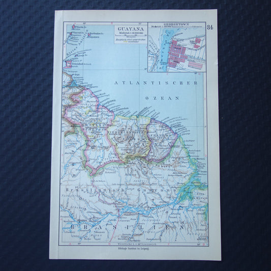 Suriname Guyana oude kaart uit 1928 kleine originele vintage landkaart Frans-Guyana klein formaat kaarten
