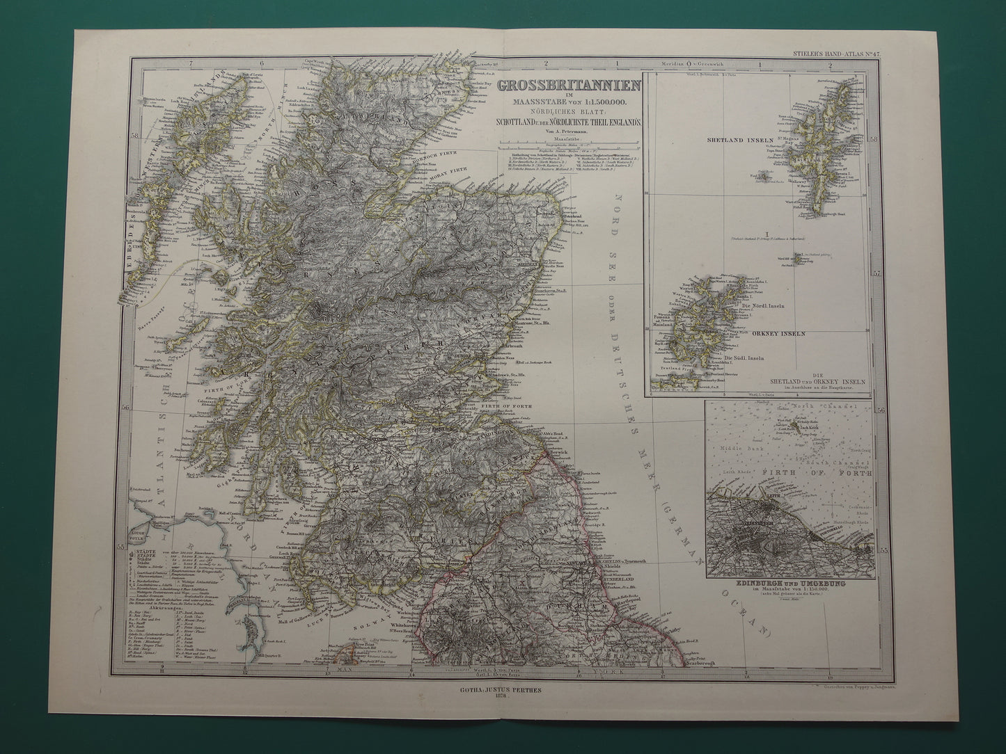 SCHOTLAND oude kaart van Schotland in 1878 originele antieke landkaart Edinburgh Glasgow vintage met jaartal