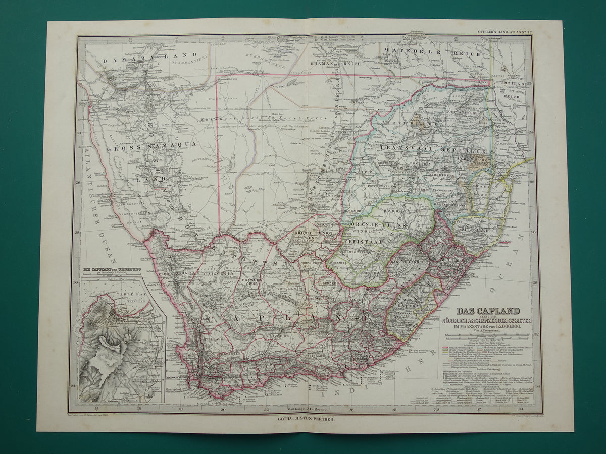 Oude landkaart van Zuid-Afrika in 1886 Grote originele 140+ jaar antieke kaart van Oranje Vrijstaat Namibië Botswana Kaapland Transvaal