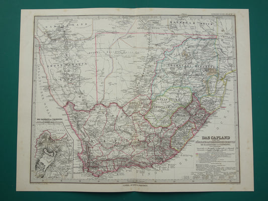 Oude landkaart van Zuid-Afrika in 1886 Grote originele 140+ jaar antieke kaart van Oranje Vrijstaat Namibië Botswana Kaapland Transvaal