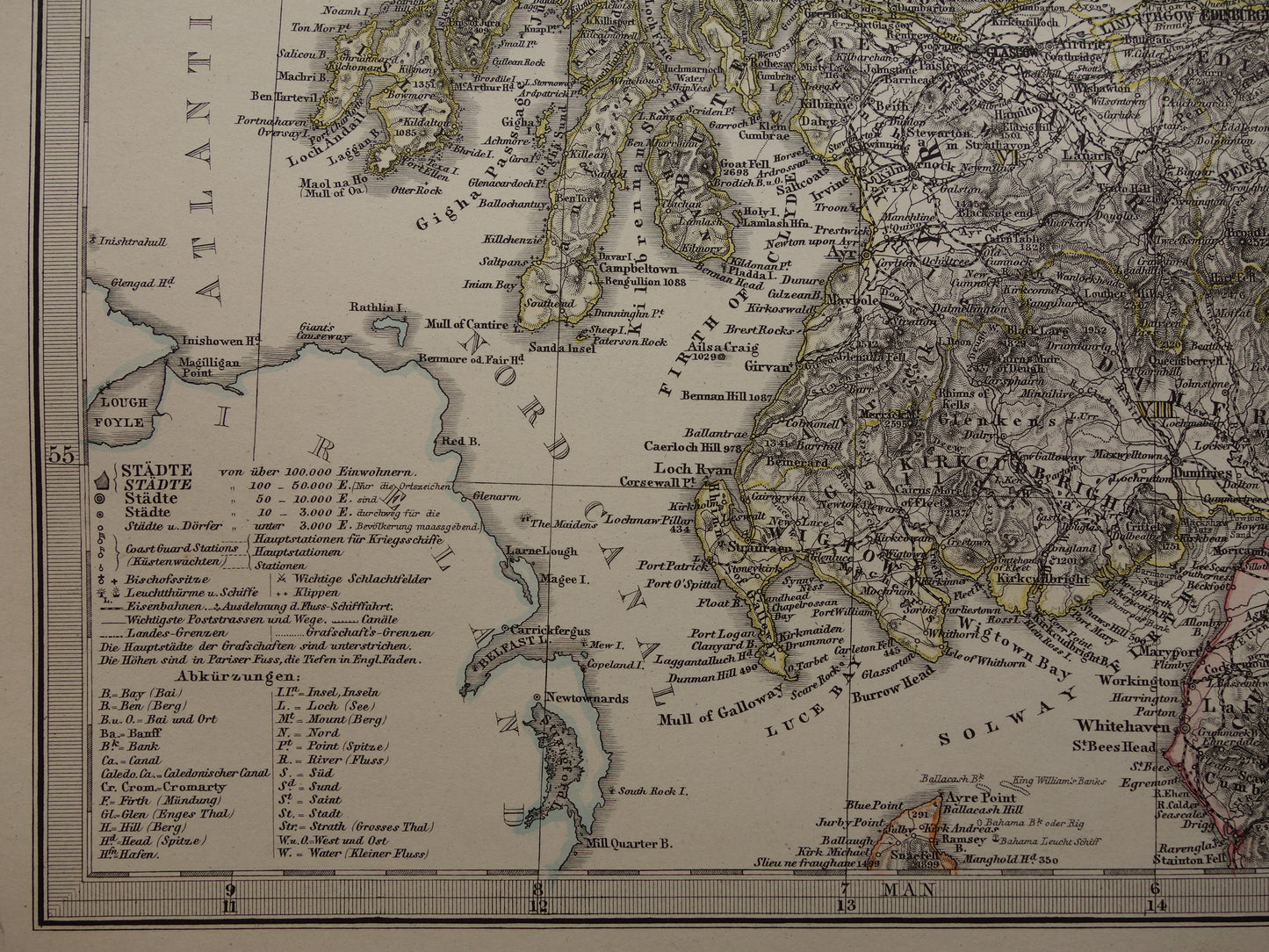 SCHOTLAND oude kaart van Schotland in 1878 originele antieke landkaart Edinburgh Glasgow vintage met jaartal