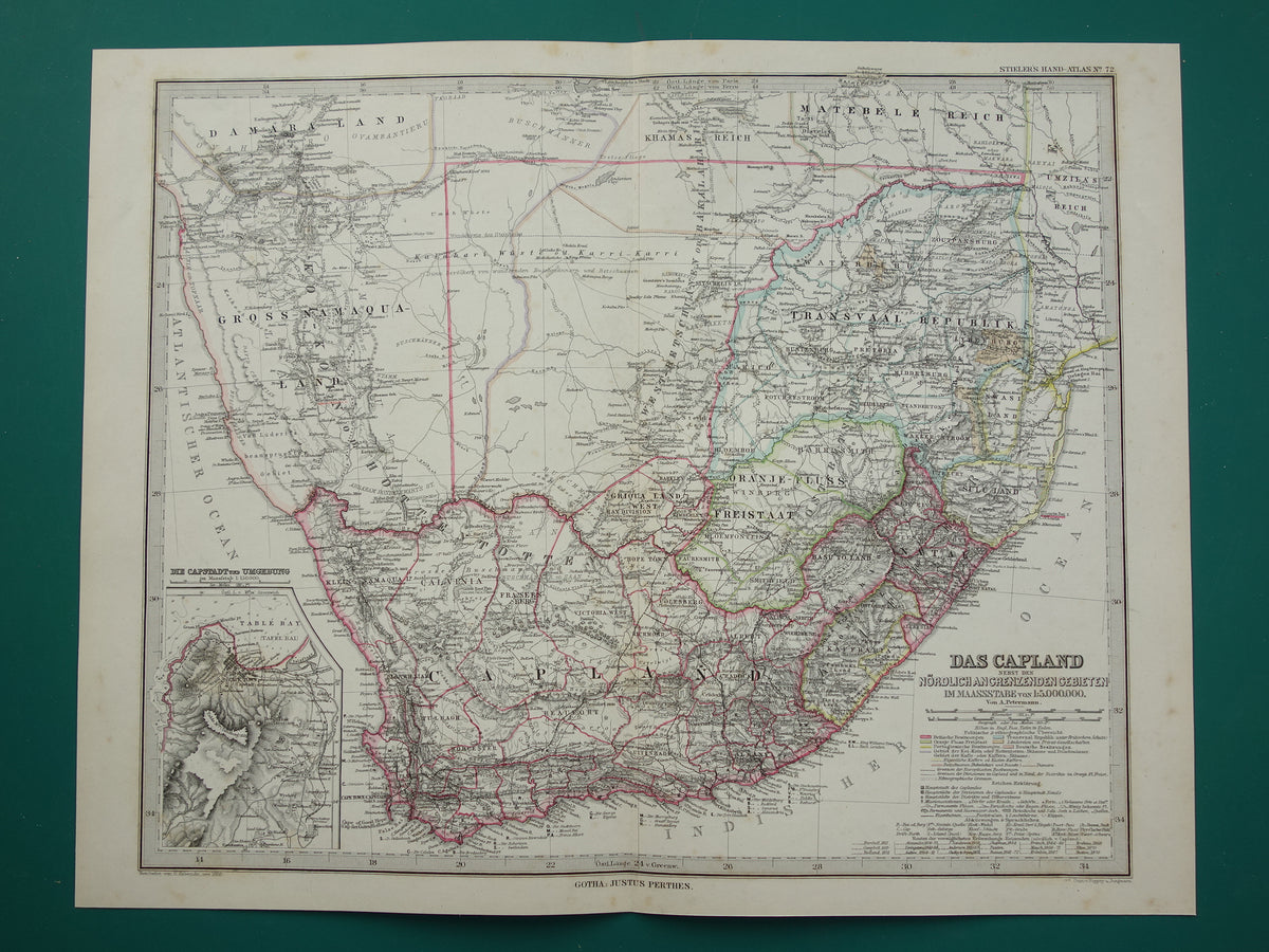 Oude landkaart van Zuid-Afrika in 1886 Grote originele 140+ jaar antieke kaart van Oranje Vrijstaat Namibië Botswana Kaapland Transvaal