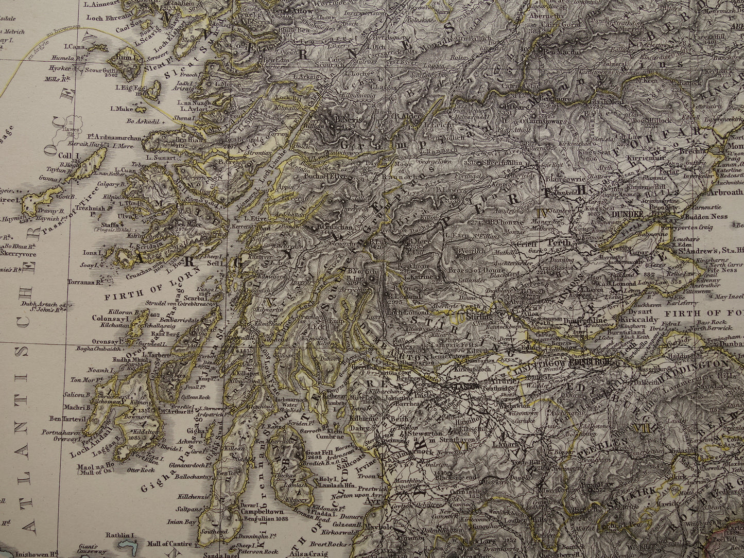 SCHOTLAND oude kaart van Schotland in 1878 originele antieke landkaart Edinburgh Glasgow vintage met jaartal