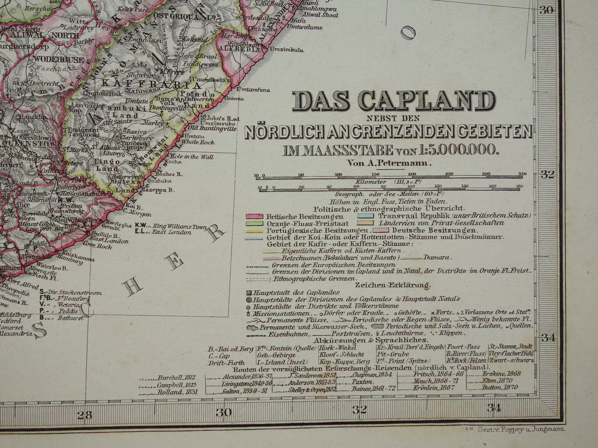 Oude landkaart van Zuid-Afrika in 1886 Grote originele 140+ jaar antieke kaart van Oranje Vrijstaat Namibië Botswana Kaapland Transvaal