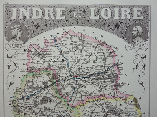 Indre-et-Loire departement Frankrijk oude kaart 1856 originele antieke landkaart Tours historische kaarten