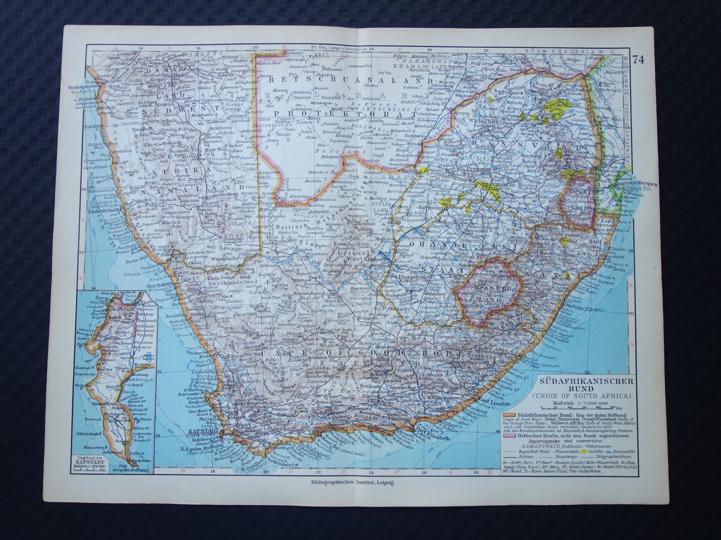 Oude kaart van Zuid-Afrika in 1928 originele Duitse vintage historische landkaart Zuid Afrikaanse Bond