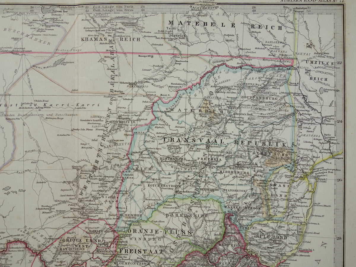 Oude landkaart van Zuid-Afrika in 1886 Grote originele 140+ jaar antieke kaart van Oranje Vrijstaat Namibië Botswana Kaapland Transvaal