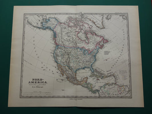 Oude landkaart van Noord-Amerika in 1876 Grote originele 145+ jaar antieke kaart van de VS Canada Mexico Groenland
