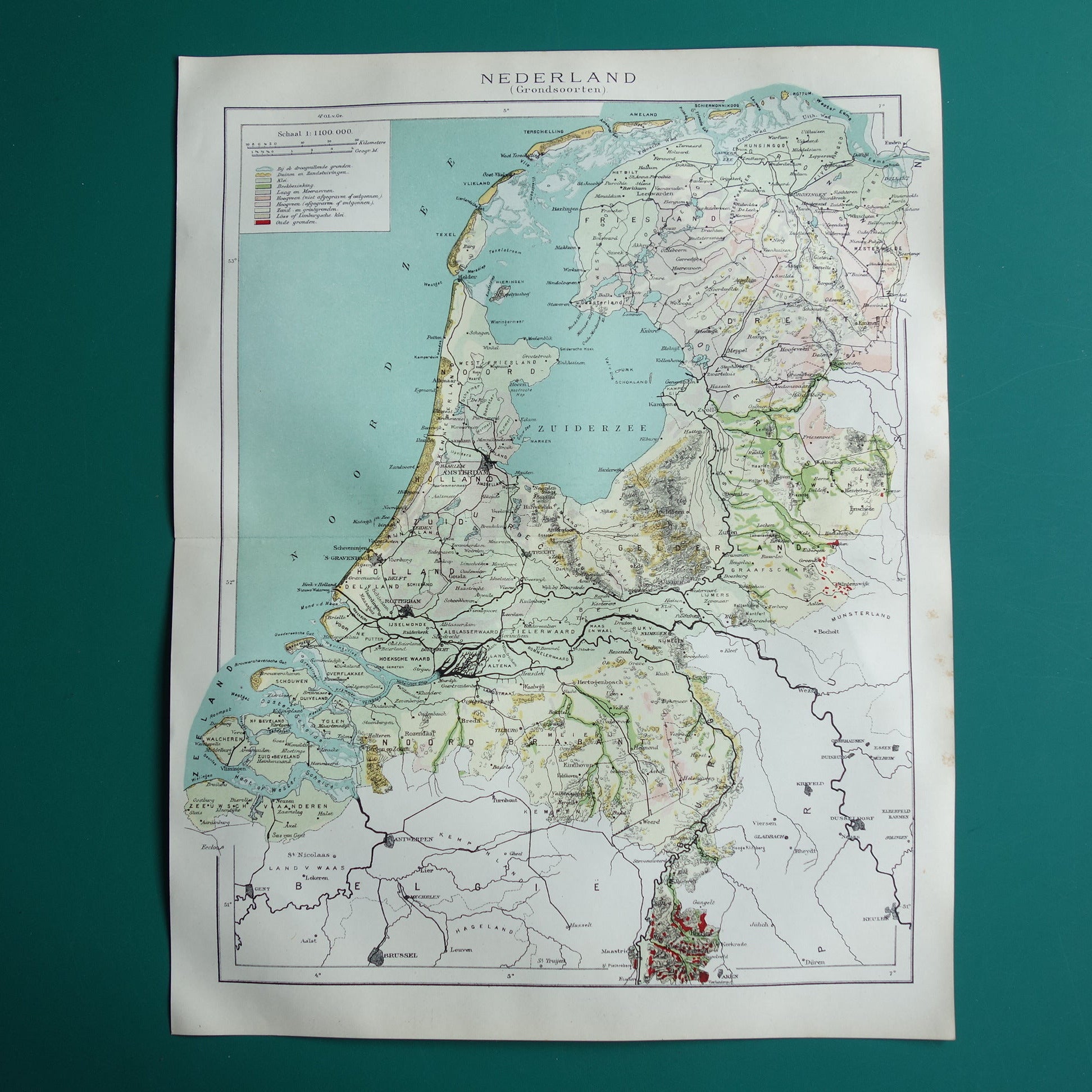 NEDERLAND oude kaart van grondsoorten 1920 vintage Nederlandse geologie landkaart grondsoortenkaart