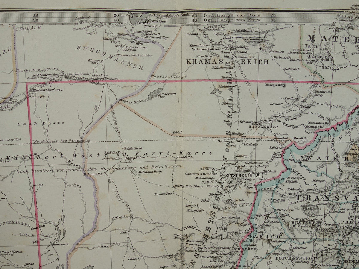 Oude landkaart van Zuid-Afrika in 1886 Grote originele 140+ jaar antieke kaart van Oranje Vrijstaat Namibië Botswana Kaapland Transvaal