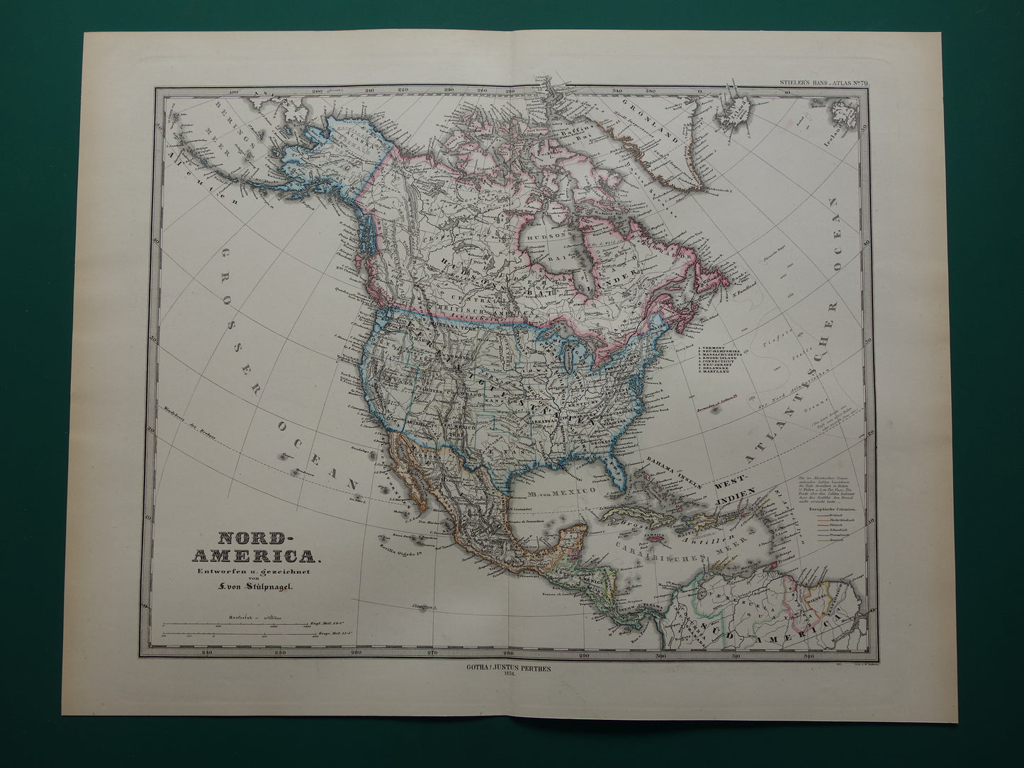 Oude landkaart van Noord-Amerika in 1876 Grote originele 145+ jaar antieke kaart van de VS Canada Mexico Groenland