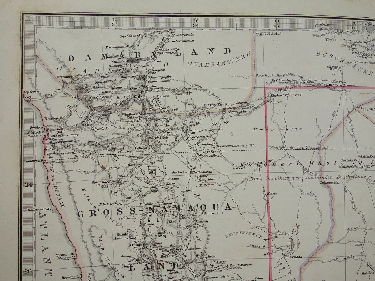 Oude landkaart van Zuid-Afrika in 1886 Grote originele 140+ jaar antieke kaart van Oranje Vrijstaat Namibië Botswana Kaapland Transvaal