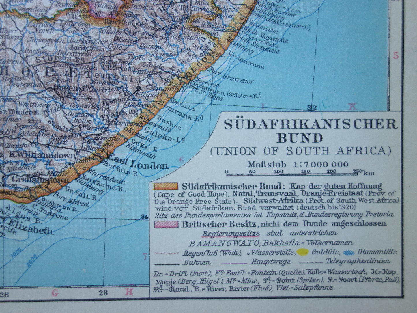Oude kaart van Zuid-Afrika in 1928 originele Duitse vintage historische landkaart Zuid Afrikaanse Bond