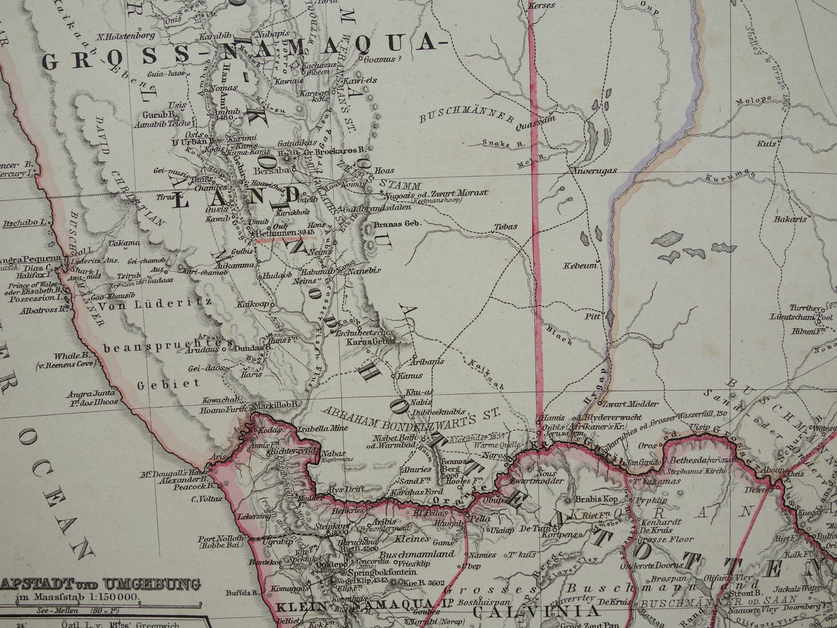 Oude landkaart van Zuid-Afrika in 1886 Grote originele 140+ jaar antieke kaart van Oranje Vrijstaat Namibië Botswana Kaapland Transvaal