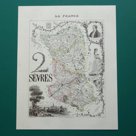 Oude kaart Deux-Sèvres departement Frankrijk uit 1856 originele antieke handgekleurde landkaart