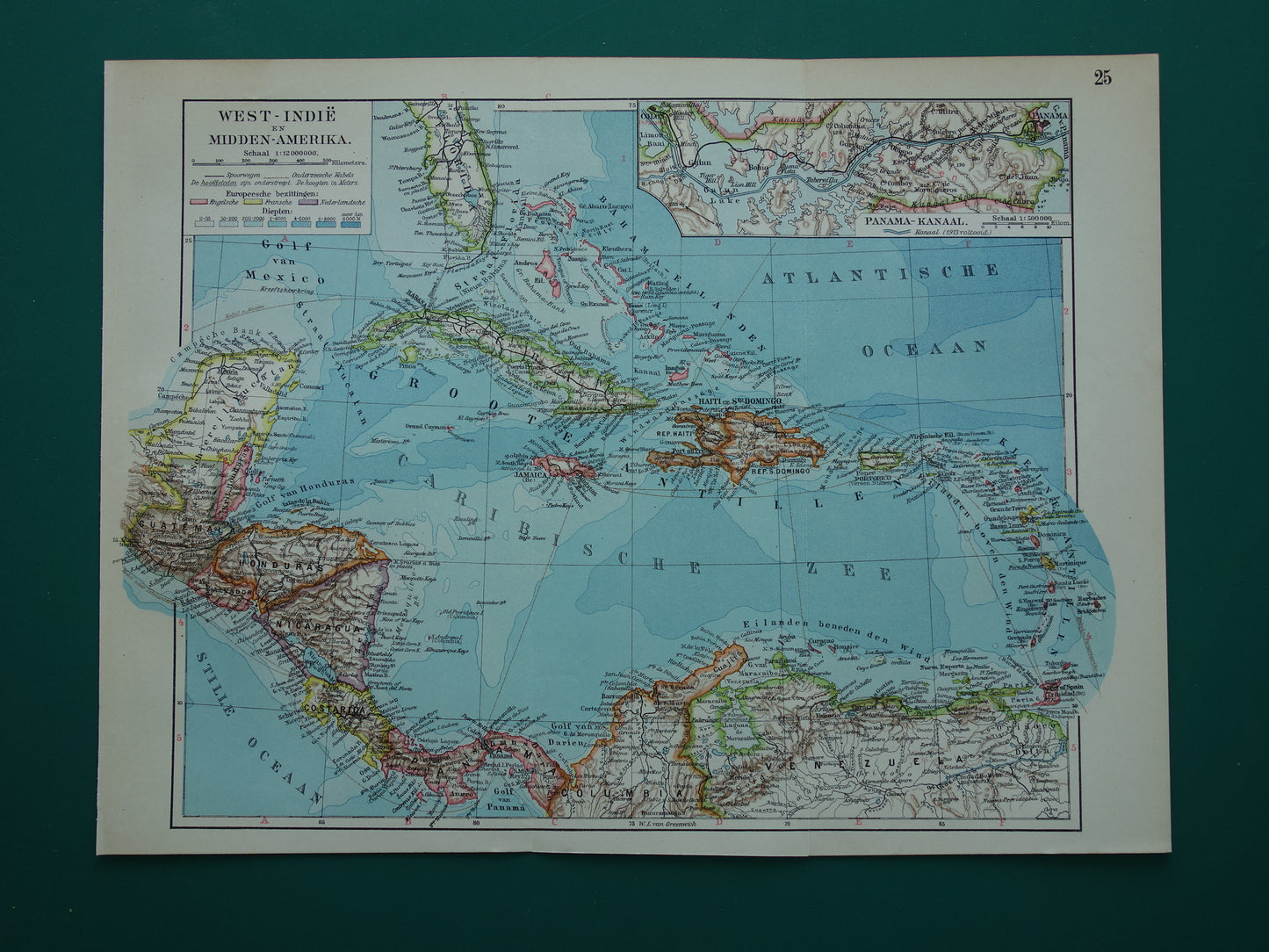 ANTILLEN Oude landkaart van het Caribisch gebied West-Indië Midden-Amerika Originele vintage Nederlandse kaart