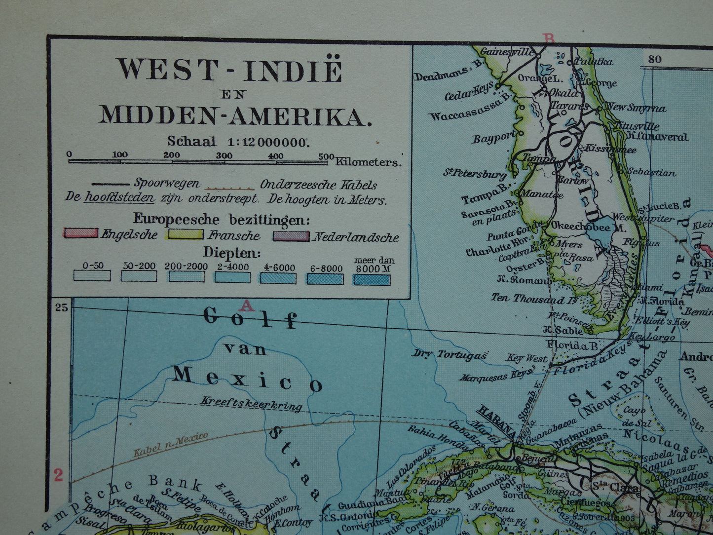 ANTILLEN Oude landkaart van het Caribisch gebied West-Indië Midden-Amerika Originele vintage Nederlandse kaart