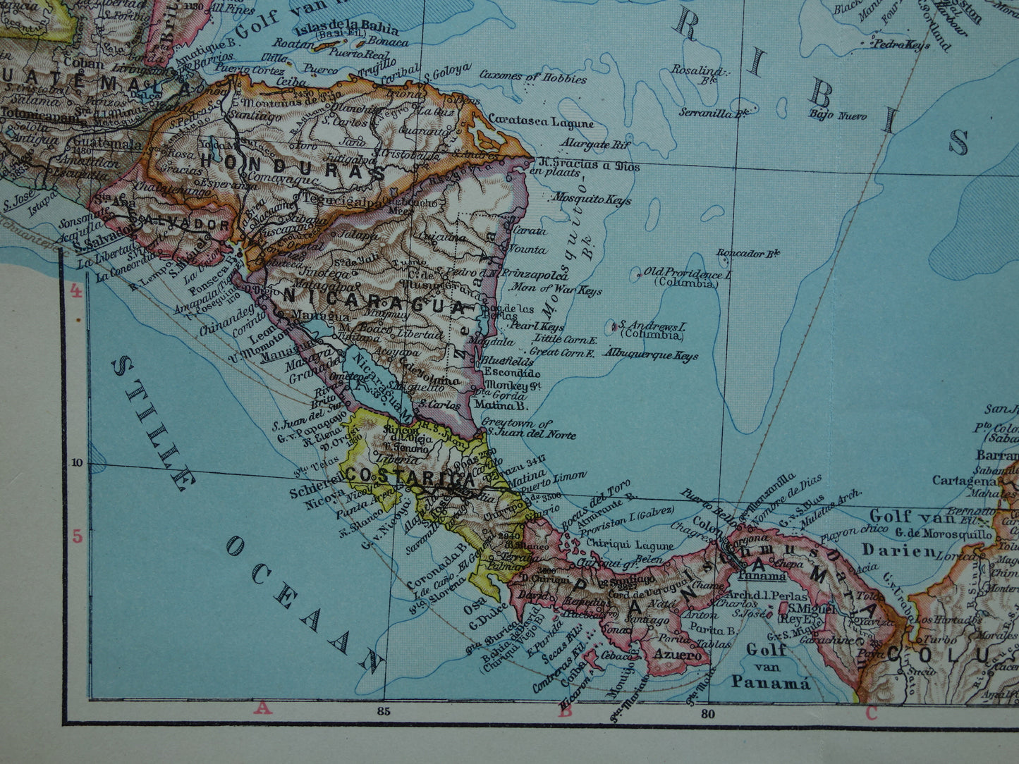 ANTILLEN Oude landkaart van het Caribisch gebied West-Indië Midden-Amerika Originele vintage Nederlandse kaart