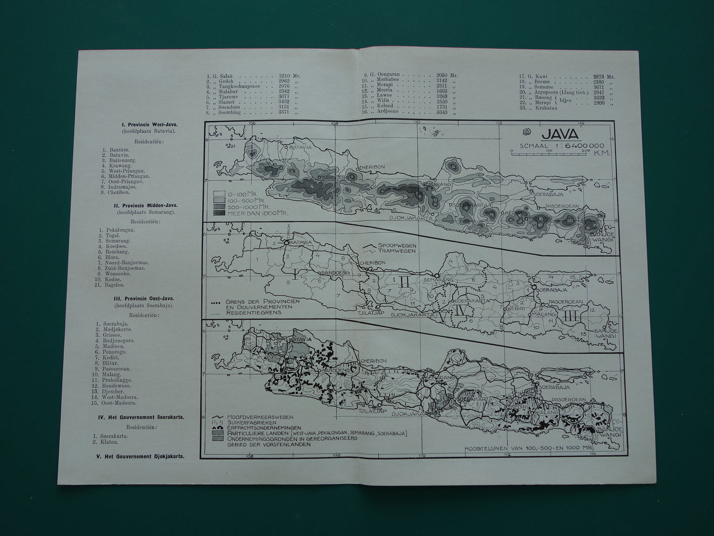JAVA 3x Oude landkaart van Java uit 1928 vintage kaarten Hoogtekaart Spoorwegen kaart Cultuurgronden